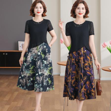 BY14324# 时尚两件套雪纺短袖连衣裙女夏装新款大码印花裙子 服裝批發女裝批發服飾貨源