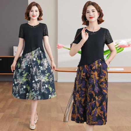 BY14324# 时尚两件套雪纺短袖连衣裙女夏装新款大码印花裙子 服裝批發女裝批發服飾貨源