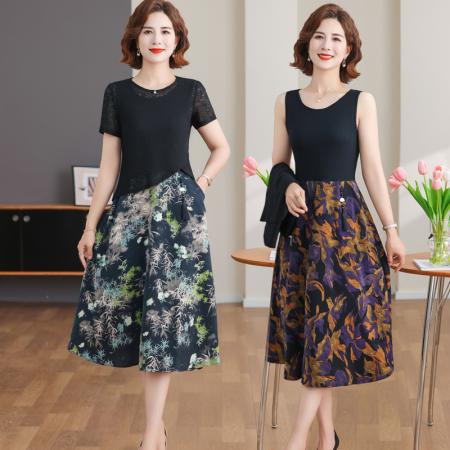 BY14324# 时尚两件套雪纺短袖连衣裙女夏装新款大码印花裙子 服裝批發女裝批發服飾貨源