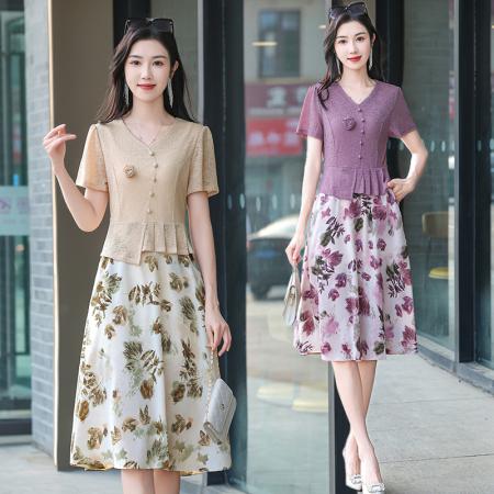 BY14325# 时尚针织拼接假两件套短袖连衣裙女夏装新款雪纺印花裙子 服裝批發女裝批發服飾貨源