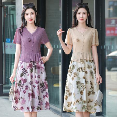 BY14325# 时尚针织拼接假两件套短袖连衣裙女夏装新款雪纺印花裙子 服裝批發女裝批發服飾貨源