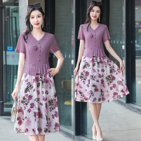 BY14325# 时尚针织拼接假两件套短袖连衣裙女夏装新款雪纺印花裙子 服裝批發女裝批發服飾貨源