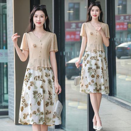 BY14325# 时尚针织拼接假两件套短袖连衣裙女夏装新款雪纺印花裙子 服裝批發女裝批發服飾貨源