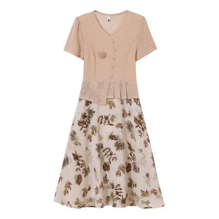 BY14325# 时尚针织拼接假两件套短袖连衣裙女夏装新款雪纺印花裙子 服裝批發女裝批發服飾貨源