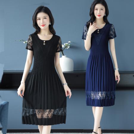 BY14326# 蕾丝拼接短袖百褶连衣裙女夏装新款三宅褶皱时尚修身雪纺裙子 服裝批發女裝批發服飾貨源