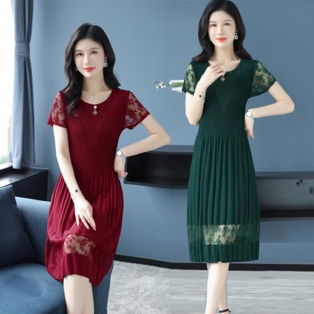 BY14326# 蕾丝拼接短袖百褶连衣裙女夏装新款三宅褶皱时尚修身雪纺裙子 服裝批發女裝批發服飾貨源