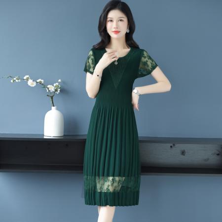 BY14326# 蕾丝拼接短袖百褶连衣裙女夏装新款三宅褶皱时尚修身雪纺裙子 服裝批發女裝批發服飾貨源