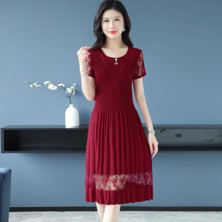 BY14326# 蕾丝拼接短袖百褶连衣裙女夏装新款三宅褶皱时尚修身雪纺裙子 服裝批發女裝批發服飾貨源