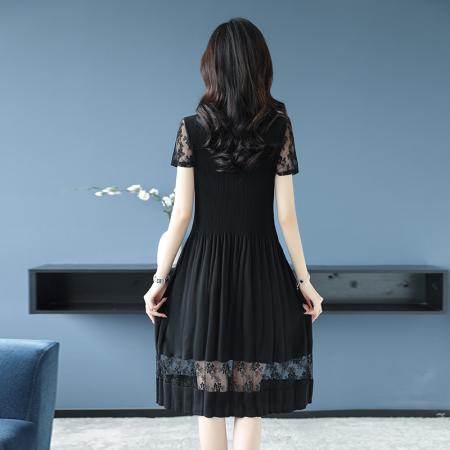 BY14326# 蕾丝拼接短袖百褶连衣裙女夏装新款三宅褶皱时尚修身雪纺裙子 服裝批發女裝批發服飾貨源