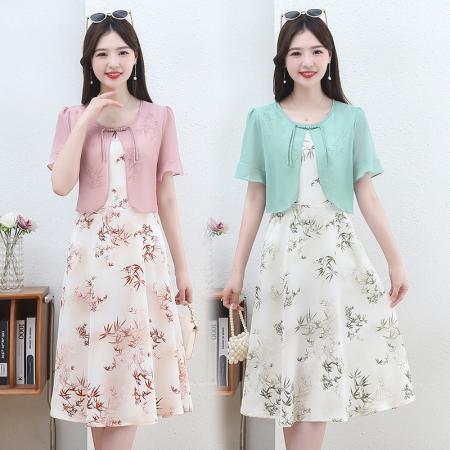 BY14327# 时尚拼接假两件套短袖连衣裙女夏装新款雪纺印花裙子 服裝批發女裝批發服飾貨源