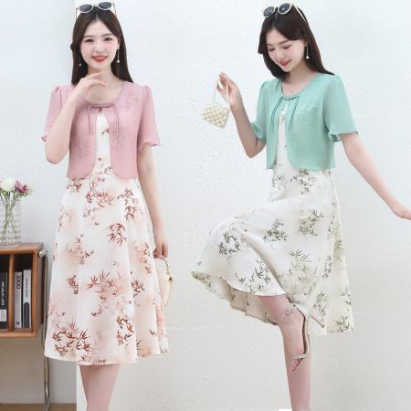 BY14327# 时尚拼接假两件套短袖连衣裙女夏装新款雪纺印花裙子 服裝批發女裝批發服飾貨源