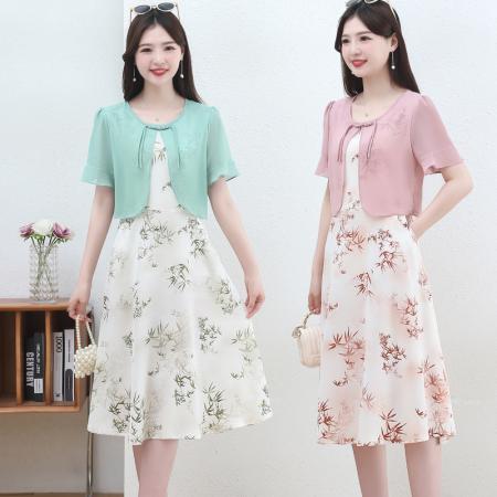 BY14327# 时尚拼接假两件套短袖连衣裙女夏装新款雪纺印花裙子 服裝批發女裝批發服飾貨源