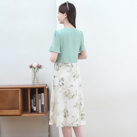 BY14327# 时尚拼接假两件套短袖连衣裙女夏装新款雪纺印花裙子 服裝批發女裝批發服飾貨源