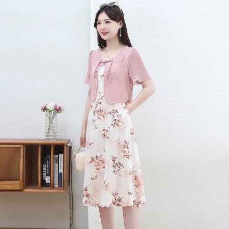 BY14327# 时尚拼接假两件套短袖连衣裙女夏装新款雪纺印花裙子 服裝批發女裝批發服飾貨源