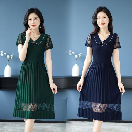 BY14328# 蕾丝拼接短袖百褶连衣裙女夏装新款三宅褶皱时尚修身雪纺裙子 服裝批發女裝批發服飾貨源