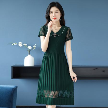 BY14328# 蕾丝拼接短袖百褶连衣裙女夏装新款三宅褶皱时尚修身雪纺裙子 服裝批發女裝批發服飾貨源