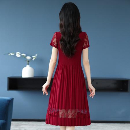 BY14328# 蕾丝拼接短袖百褶连衣裙女夏装新款三宅褶皱时尚修身雪纺裙子 服裝批發女裝批發服飾貨源