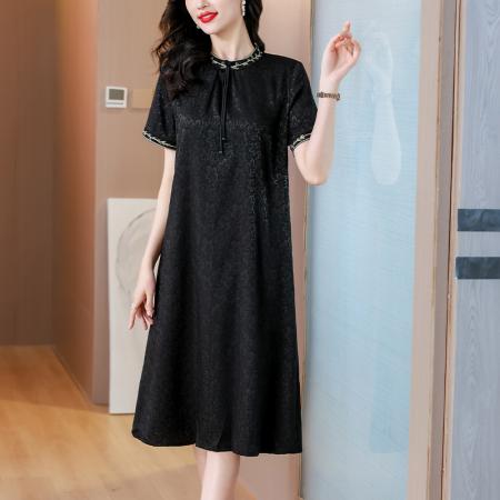 BY14329# 国风香云纱真丝刺绣连衣裙女夏季新款桑蚕丝大码旗袍裙子 服裝批發女裝批發服飾貨源