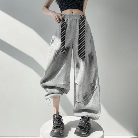 BY14332# 夏季新款宽松高腰扎染夏季薄款垂感两穿卫裤弯刀裤配腰带 服裝批發女裝批發服飾貨源