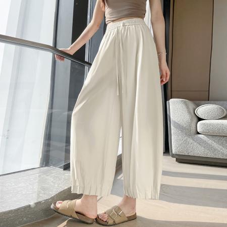 BY14333# 夏季高腰百搭棉麻九分休闲裤女新款宽松阔腿裤白色有内衬 服裝批發女裝批發服飾貨源