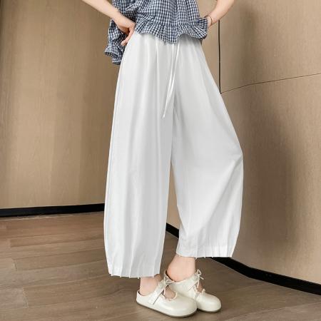 BY14333# 夏季高腰百搭棉麻九分休闲裤女新款宽松阔腿裤白色有内衬 服裝批發女裝批發服飾貨源