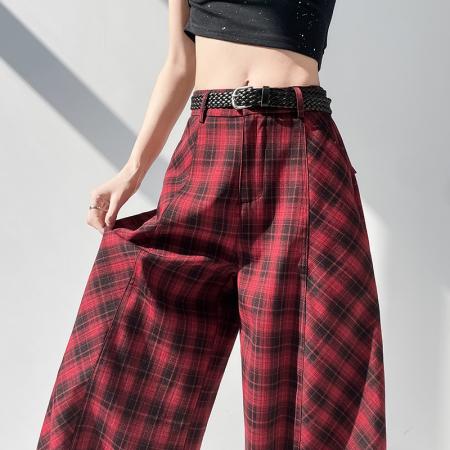 BY14334# 夏季新款休闲宽松显瘦高腰格子阔腿弯刀裤长裤女配腰带 服裝批發女裝批發服飾貨源