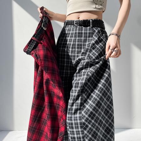 BY14334# 夏季新款休闲宽松显瘦高腰格子阔腿弯刀裤长裤女配腰带 服裝批發女裝批發服飾貨源