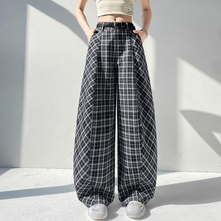 BY14334# 夏季新款休闲宽松显瘦高腰格子阔腿弯刀裤长裤女配腰带 服裝批發女裝批發服飾貨源