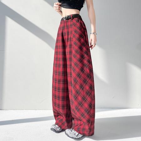 BY14334# 夏季新款休闲宽松显瘦高腰格子阔腿弯刀裤长裤女配腰带 服裝批發女裝批發服飾貨源