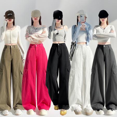 BY14335# 春季全棉洗水工装裤美式时尚运动裤阔腿裤宽松休闲裤子女 服裝批發女裝批發服飾貨源