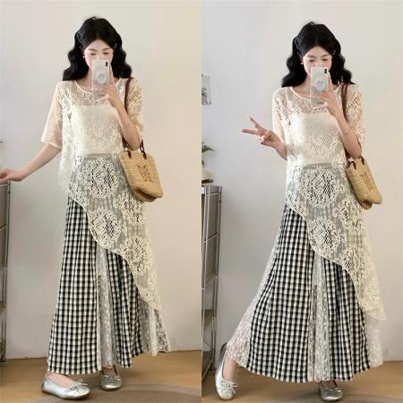 BY14338# 夏胖妹妹新款不规则上衣+法式蕾丝拼接格子半身裙两件套 服裝批發女裝批發服飾貨源