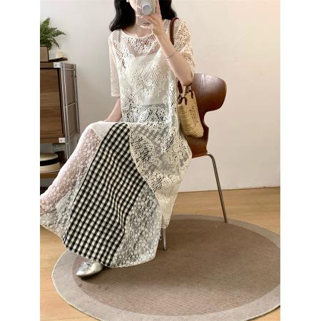 BY14338# 夏胖妹妹新款不规则上衣+法式蕾丝拼接格子半身裙两件套 服裝批發女裝批發服飾貨源