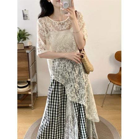 BY14338# 夏胖妹妹新款不规则上衣+法式蕾丝拼接格子半身裙两件套 服裝批發女裝批發服飾貨源