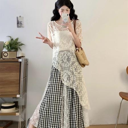 BY14338# 夏胖妹妹新款不规则上衣+法式蕾丝拼接格子半身裙两件套 服裝批發女裝批發服飾貨源