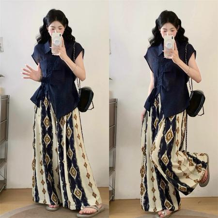 BY14339# 夏胖妹妹新款独特松弛感系带衬衫+印花阔腿裤两件套 服裝批發女裝批發服飾貨源