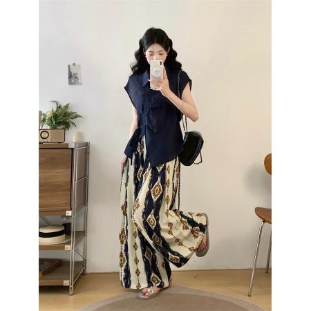 BY14339# 夏胖妹妹新款独特松弛感系带衬衫+印花阔腿裤两件套 服裝批發女裝批發服飾貨源