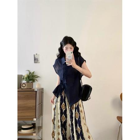 BY14339# 夏胖妹妹新款独特松弛感系带衬衫+印花阔腿裤两件套 服裝批發女裝批發服飾貨源