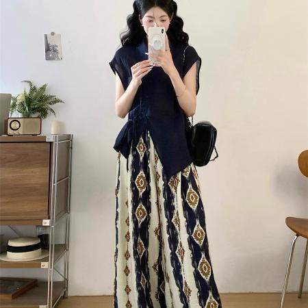 BY14339# 夏胖妹妹新款独特松弛感系带衬衫+印花阔腿裤两件套 服裝批發女裝批發服飾貨源