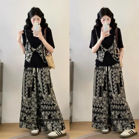 BY14340# 夏胖妹妹新款独特小众吊带假两件T恤+印花阔腿裤两件套 服裝批發女裝批發服飾貨源