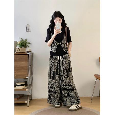 BY14340# 夏胖妹妹新款独特小众吊带假两件T恤+印花阔腿裤两件套 服裝批發女裝批發服飾貨源