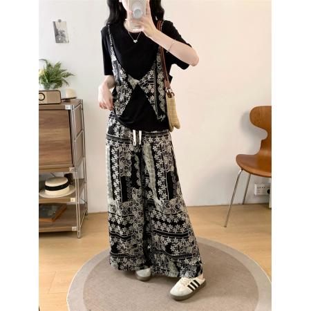 BY14340# 夏胖妹妹新款独特小众吊带假两件T恤+印花阔腿裤两件套 服裝批發女裝批發服飾貨源