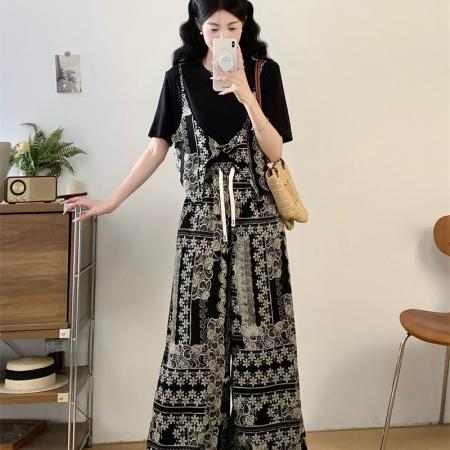 BY14340# 夏胖妹妹新款独特小众吊带假两件T恤+印花阔腿裤两件套 服裝批發女裝批發服飾貨源