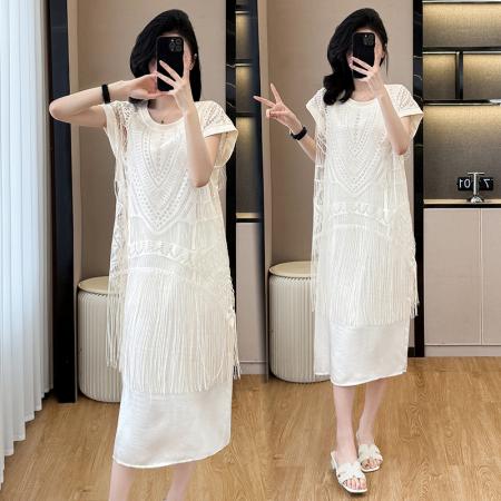 BY14341# 大码女装夏季新款名媛风时尚流苏遮肚显瘦中长款宽松连衣裙 服裝批發女裝批發服飾貨源