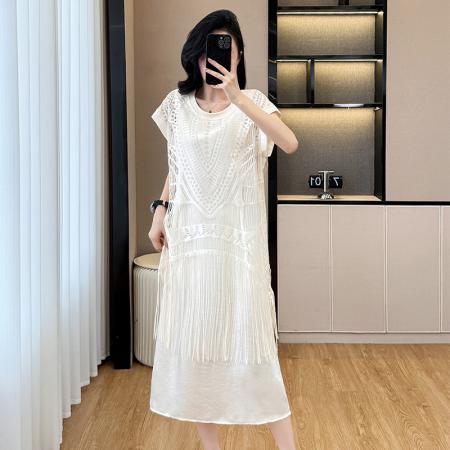 BY14341# 大码女装夏季新款名媛风时尚流苏遮肚显瘦中长款宽松连衣裙 服裝批發女裝批發服飾貨源