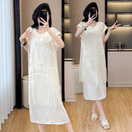 BY14341# 大码女装夏季新款名媛风时尚流苏遮肚显瘦中长款宽松连衣裙 服裝批發女裝批發服飾貨源