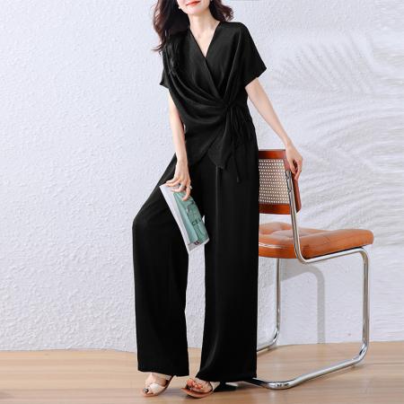 BY14344# 夏季新款套装大码女装时尚减龄醋酸缎显瘦阔腿9分裤两件套 服裝批發女裝批發服飾貨源