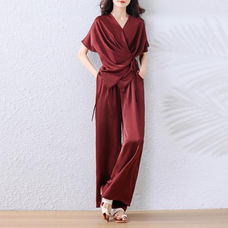 BY14344# 夏季新款套装大码女装时尚减龄醋酸缎显瘦阔腿9分裤两件套 服裝批發女裝批發服飾貨源