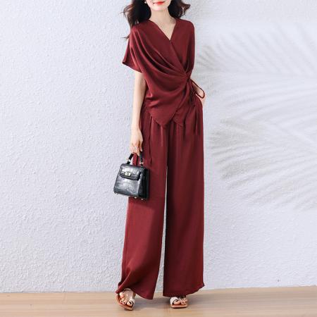 BY14344# 夏季新款套装大码女装时尚减龄醋酸缎显瘦阔腿9分裤两件套 服裝批發女裝批發服飾貨源