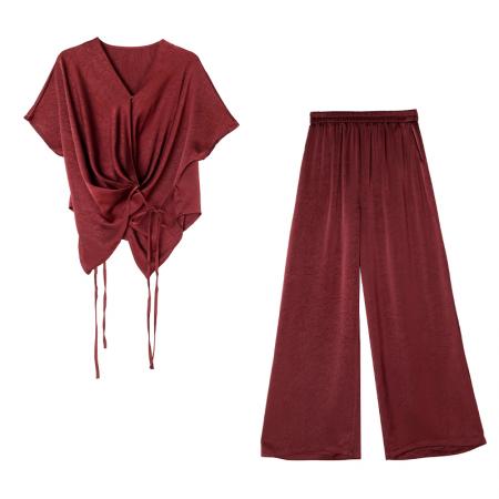 BY14344# 夏季新款套装大码女装时尚减龄醋酸缎显瘦阔腿9分裤两件套 服裝批發女裝批發服飾貨源