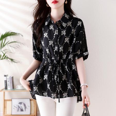BY14345# 大码女装夏季新款抽绳显瘦遮肉百搭印花雪纺衫女 服裝批發女裝批發服飾貨源